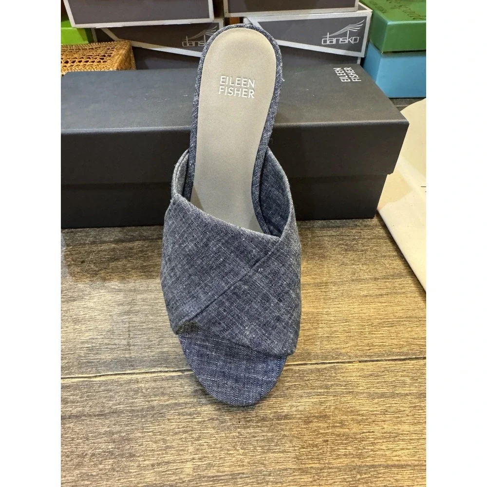 Eileen Fisher Ruche Mule Sandals Chambray‎ Blue Denim Block Heel Comfort Size 7